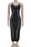 Black Sexy Patchwork Backless Hot Drill Zipper Asymmetrical Collar Wrapped Skirt Dresses