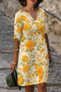 Yellow Elegant Print Patchwork V Neck Long Dresses