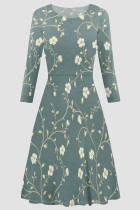 Light Cyan Elegant Print Patchwork O Neck A Line Dresses