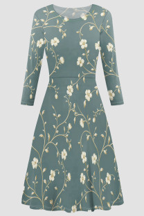 Light Cyan Elegant Print Patchwork O Neck A Line Dresses