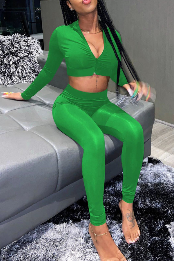 Green Casual Solid Color Patchwork Zipper Zipper Collar Long Sleeve Two Pieces