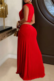 Red Sexy Solid Color Hollow Out Patchwork High Slit Deep V Neck Long Dresses