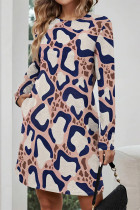 Pink Casual Leopard Print Stripe Pocket Contrast O Neck Printed Dresses