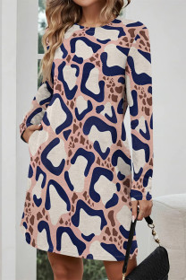 Pink Casual Leopard Print Stripe Pocket Contrast O Neck Printed Dresses