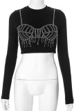 Black Sexy Patchwork Hot Drill O Neck Tops