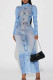 Blue Street Print Patchwork O Neck Long Dresses