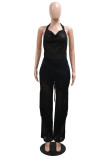 Black Sexy Casual Solid Color Fringed Trim Backless Belted Halter Sleeveless Two Pieces