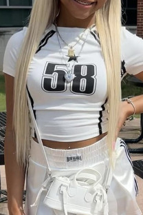 White Casual Letters Patchwork O Neck T-Shirts