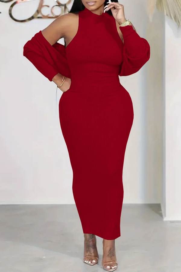 Burgundy Casual Solid Color Basic Half A Turtleneck Long Sleeve Two Pieces