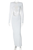 Brownness Elegant Solid Color Hollow Out Patchwork O Neck Long Dresses