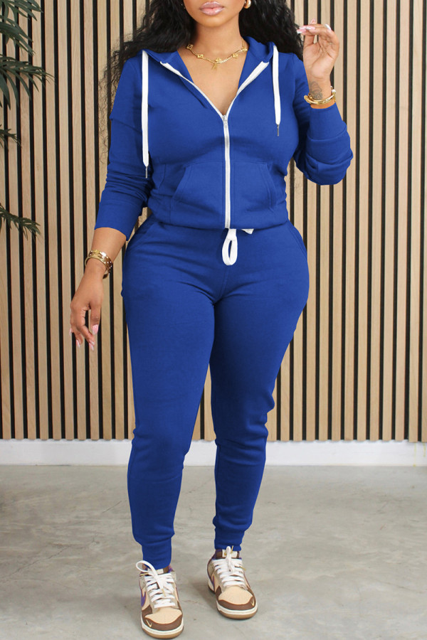 Royal Blue Casual Solid Color Patchwork Zipper Hooded Long Sleeve Two Pieces