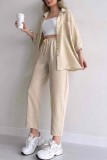 Black Casual Solid Color Buttons Turndown Collar Short Sleeve Two Pieces