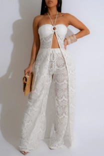 White Sexy Solid Color Backless Slit Strapless Sleeveless Two Pieces