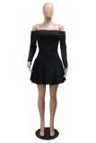 Black Casual Solid Color Backless Off Shoulder Long Sleeve Dresses
