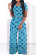 Blue Casual Letters Patchwork O Neck Short Sleeve Two Pieces