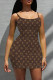 Brown Sexy Letters Patchwork Backless Spaghetti Strap Sling Dresses