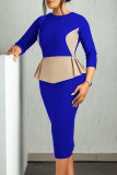 Red Elegant Patchwork Ruched Zipper Contrast O Neck Wrapped Skirt Dresses