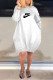 White Casual Letter Print Pocket O Neck Long Sleeve Dresses
