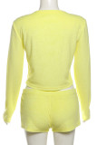Yellow Casual Solid Color Pocket Buckle Patchwork Cardigan Collar Long Sleeve Two Pieces