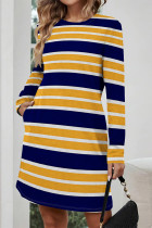 Yellow Casual Leopard Print Stripe Pocket Contrast O Neck Printed Dresses