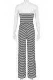 Black White Casual Stripe Patchwork Backless Strap Design Strapless Loose Jumpsuits