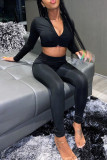 Green Casual Solid Color Patchwork Zipper Zipper Collar Long Sleeve Two Pieces