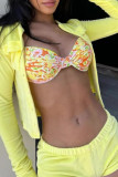 Yellow Casual Solid Color Pocket Buckle Patchwork Cardigan Collar Long Sleeve Two Pieces