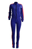 Blue Casual Pocket Patchwork Slit Zipper Contrast Zipper Collar Long Sleeve Two Pieces