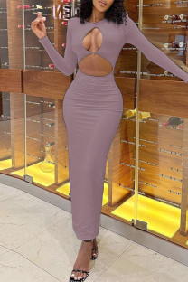 Bare Color Elegant Solid Color Hollow Out Patchwork O Neck Long Dresses