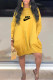 Gold Casual Letter Print Pocket O Neck Long Sleeve Dresses