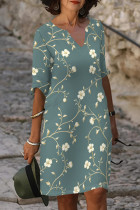 Light Cyan Elegant Print Patchwork V Neck Long Dresses
