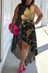 Black Gold Elegant Print Patchwork O Neck Irregular Plus Size Dresses