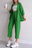 Black Casual Solid Color Buttons Turndown Collar Short Sleeve Two Pieces