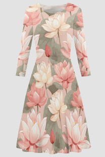 Pink Elegant Print Patchwork O Neck A Line Dresses