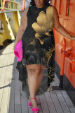 Orange Elegant Print Patchwork O Neck Irregular Plus Size Dresses