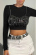 Black Sexy Patchwork Hot Drill O Neck Tops