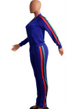 Blue Casual Pocket Patchwork Slit Zipper Contrast Zipper Collar Long Sleeve Two Pieces
