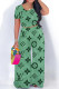 Green Casual Letters Patchwork O Neck Short Sleeve Two Pieces