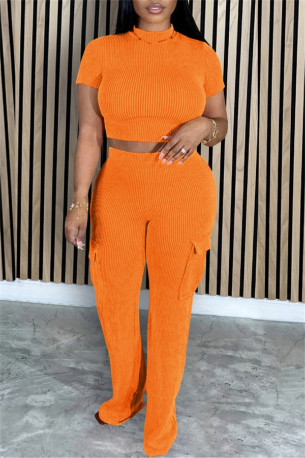 Orange Casual Solid Color Pocket Patchwork O Neck Short Sleeve Two Pieces