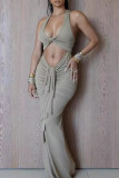 Green Sexy Solid Color Hollow Out Patchwork Ruched Deep V Neck Long Dresses