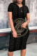 Black Casual Letters Patchwork O Neck Wrapped Skirt Dresses