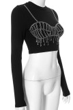 Black Sexy Patchwork Hot Drill O Neck Tops