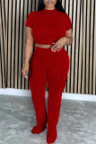 Red Casual Solid Color Pocket Patchwork O Neck Short Sleeve Two Pieces