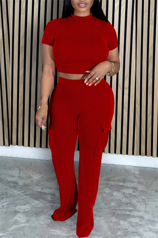 Red Casual Solid Color Pocket Patchwork O Neck Short Sleeve Two Pieces