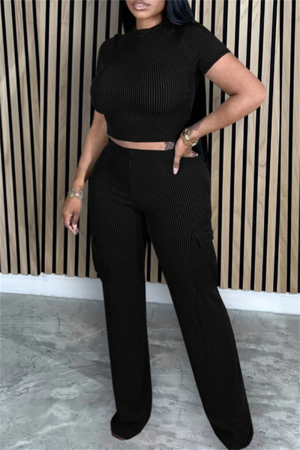 Black Casual Solid Color Pocket Patchwork O Neck Short Sleeve Two Pieces