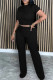 Black Casual Solid Color Pocket Patchwork O Neck Short Sleeve Two Pieces