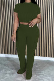 Red Casual Solid Color Pocket Patchwork O Neck Short Sleeve Two Pieces