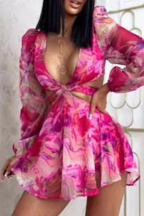 Rose Red Sexy Print Hollow Out Patchwork Backless Strap Design Deep V Neck Boot Cut Rompers
