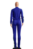 Blue Casual Pocket Patchwork Slit Zipper Contrast Zipper Collar Long Sleeve Two Pieces