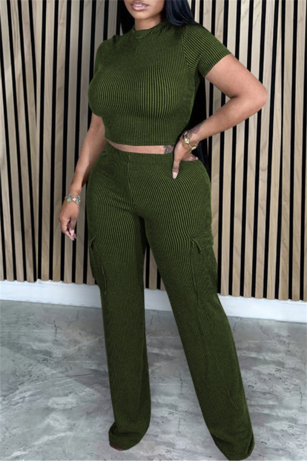 Army Green Casual Solid Color Pocket Patchwork O Neck Short Sleeve Two Pieces